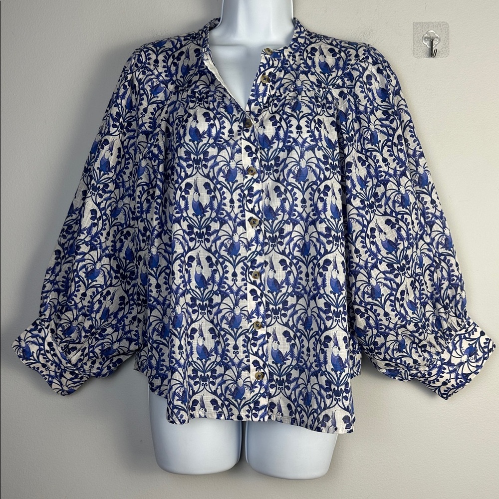 NEW Anthropologie Maeve Cockatoo Bird Blouse Button Front Shirt Balloon Sleeve M - Picture 3 of 16